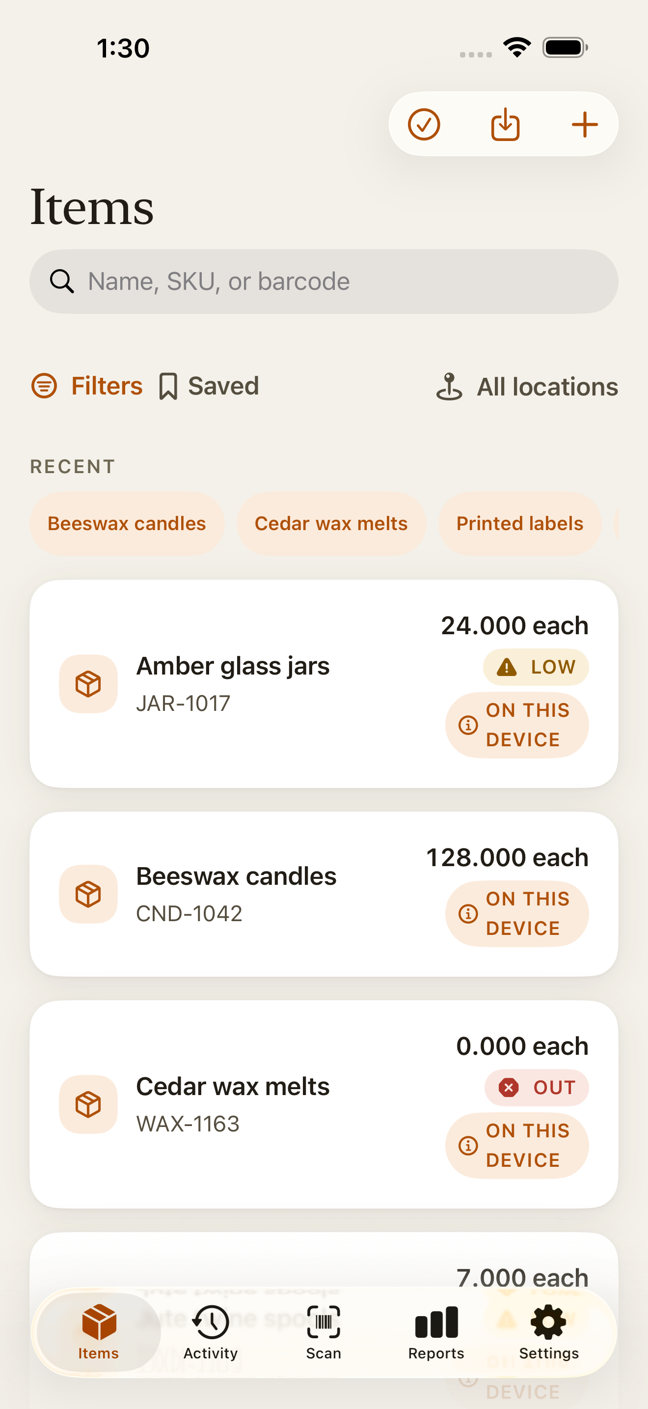 The Countstead items list, showing each item with its balance.