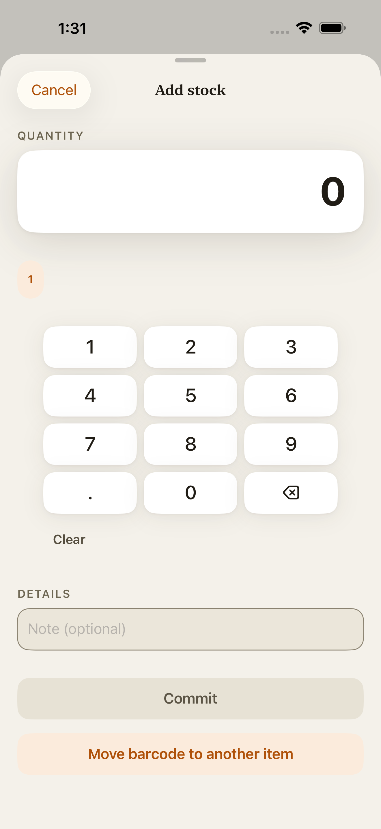 The Countstead stock entry screen, with a quantity keypad and a confirmation button.